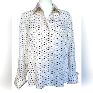 Due Per Due White Silk Blouse Collared Flowy Long Sleeve Double Cuffed Size 12